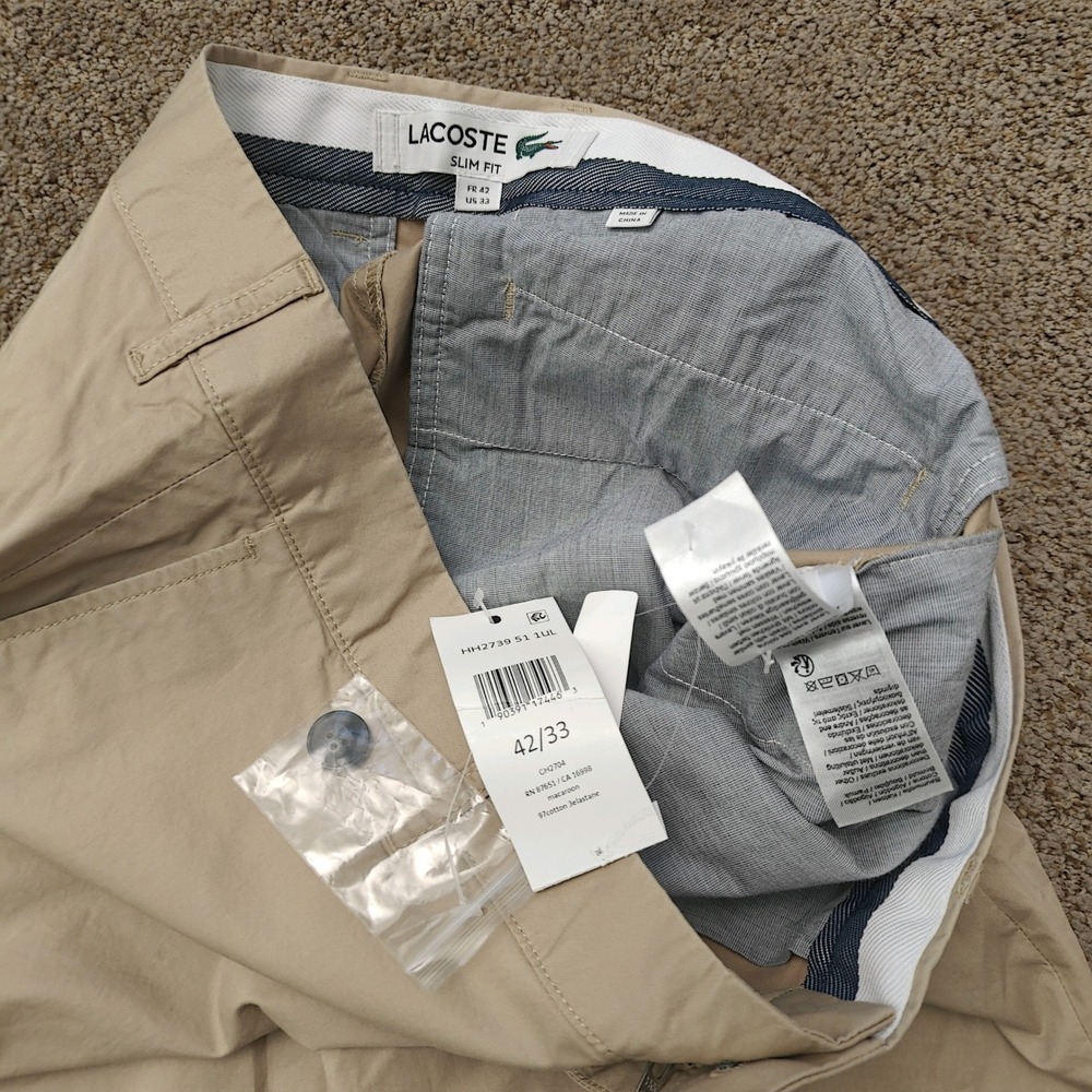 Lacoste Mens Slim Fit Chino Pants Macaroon Beige Cotton Stretch HH2739 US 33 NEW - Picture 7 of 14